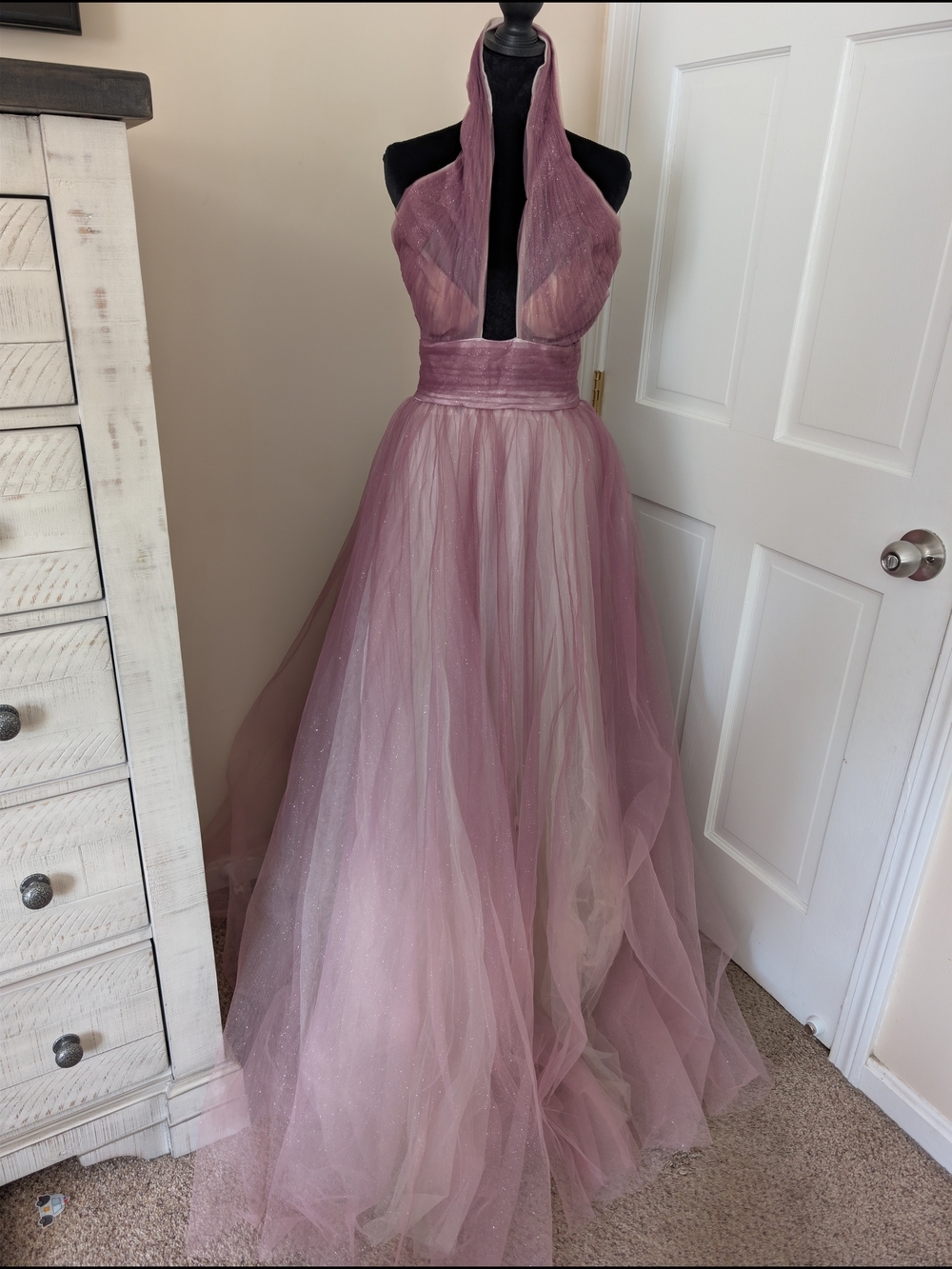 Mac Duggal Charcoal Ombre Gliter Tulle Halter Gown Dress Pink Mauve 4 NWT - Picture 2 of 10